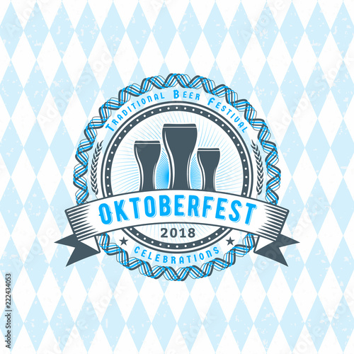 Beer festival Oktoberfest celebrations. Vintage beer badge on the traditional Bavarian linen flag background