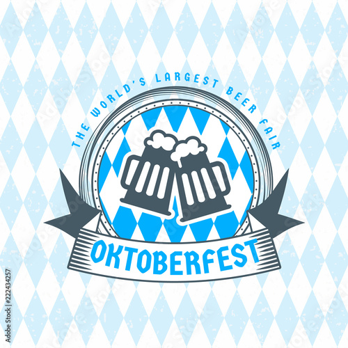 Beer festival Oktoberfest celebrations. Vintage beer badge on the traditional Bavarian linen flag background