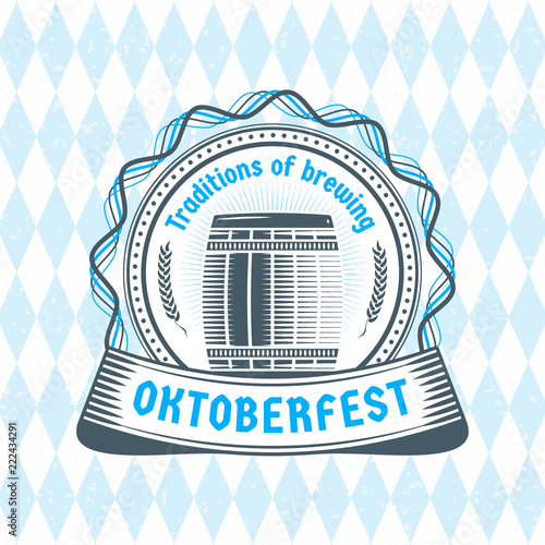 Beer festival Oktoberfest celebrations. Vintage beer badge on the traditional Bavarian linen flag background