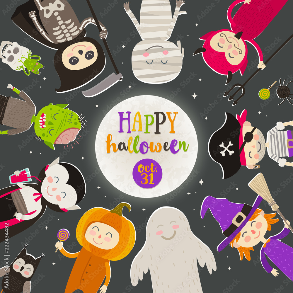 Halloween cartoon characters against a starry night sky. Children in  halloween costume stand in a circle against a big moon with greeting.  Vector illustration. Stock Vector | Adobe Stock