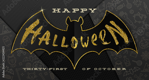 Halloween Vector illustration. Glitter gold greeting on a silhouette of paper bat, against a black paper background with linear Halloween signs and symbols.