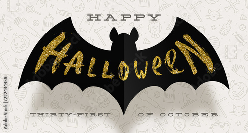 Halloween Vector illustration. Glitter gold greeting on a silhouette of black paper bat, against a background with linear Halloween signs and symbols.