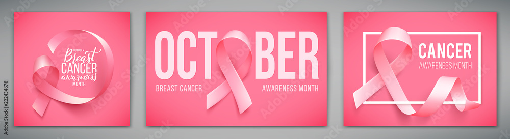 Set of posters with for breast cancer awareness month in october. Realistic pink ribbon symbol. Vector illustration. - obrazy, fototapety, plakaty 