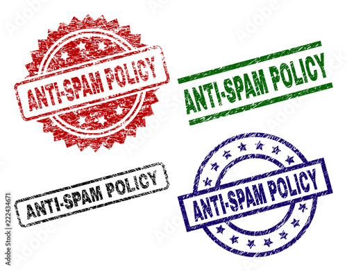 ANTI-SPAM POLICY seal prints with distress texture. Black, green,red,blue vector rubber prints of ANTI-SPAM POLICY text with corroded texture. Rubber seals with round, rectangle, rosette shapes.