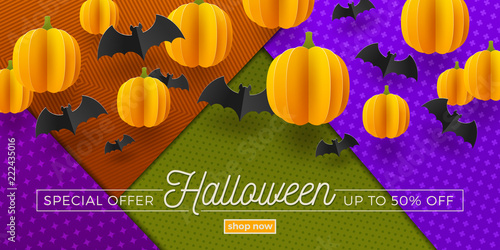 Halloween sale design. Promotion template banner. Paper bats and pumpkins against a multicolored patterned paper background.