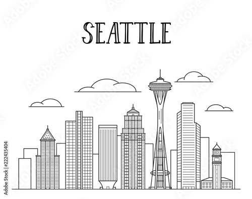 Seattle city skyline line art illustration.