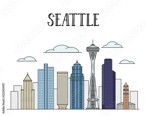 Seattle city skyline colored line art illustration.