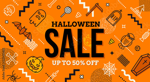 Halloween sale banner. Pattern with Halloween linear signs, symbols  and abstract different shape. Promotion template design.