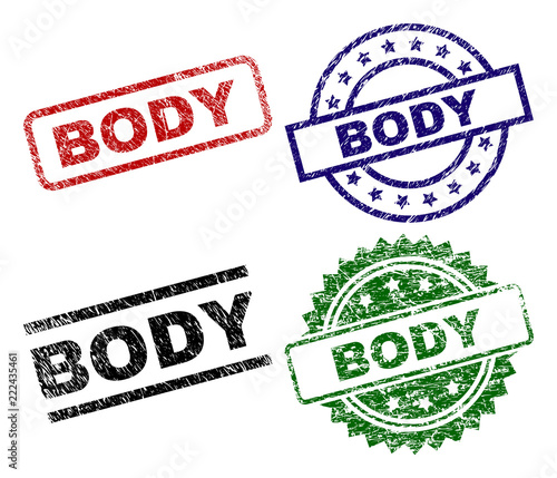 BODY seal prints with damaged texture. Black, green,red,blue vector rubber prints of BODY text with retro texture. Rubber seals with circle, rectangle, rosette shapes.