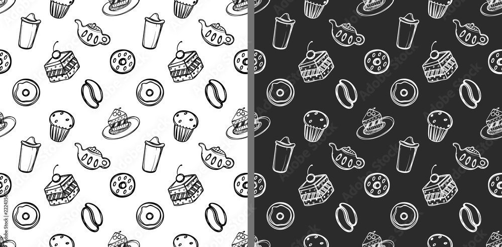 Set of cute dessert stuff in doodle style. Goodies on white and black background. Cartoon seamless patterns. Linear sketch style illustration. For zentangle book. Set of cute dessert stuff in doodle style. Goodies on white and black background. Cartoon seamless patterns. Linear sketch style illustration. For zentangle book.