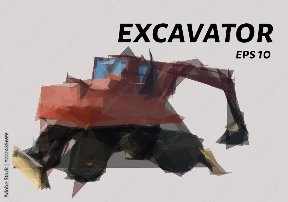Excavator of triangles. Low poly excavator. Vector illustration.