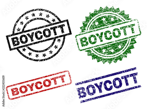 BOYCOTT seal prints with corroded texture. Black, green,red,blue vector rubber prints of BOYCOTT title with unclean texture. Rubber seals with circle, rectangle, medallion shapes.