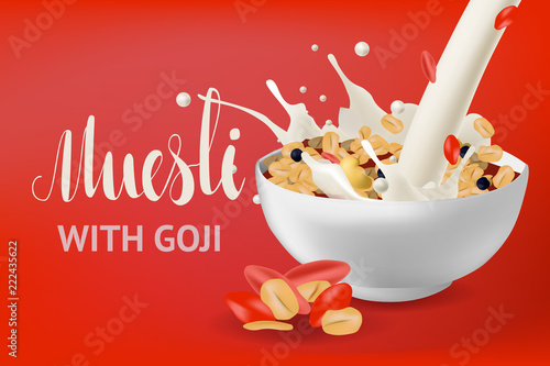 Vector realism style poster, site or banner template with illustration muesli in bowl
