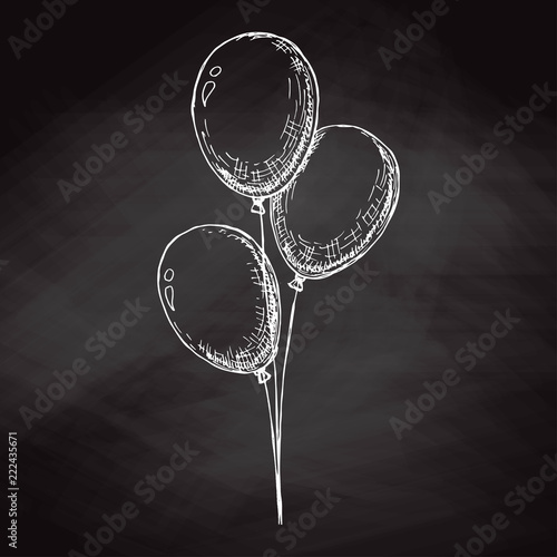 Group of balloons on a string. Hand drawn chalk on the board. Vector illustration