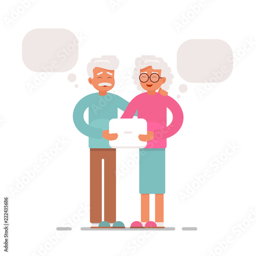 Happy senior couple surfing the internet with laptop computer. grandparents send and receive emails With Chat Bubble with pc tablet. vector illustration isolated from white background