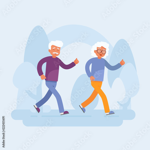 Old people sport activities. Happy Senior Couple running In the Park. Vector illustration 
