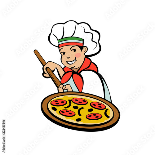 Italian chef. Pizza maker prepares a pizza. Vector logo.