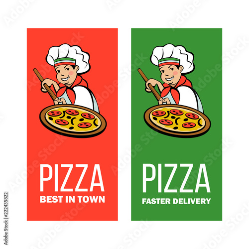 Italian chef. Pizza maker prepares a pizza. Vector logo.