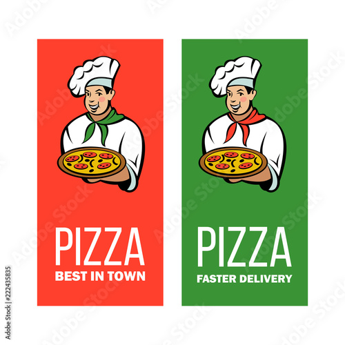 Italian chef. Pizza maker prepares a pizza. Vector logo.