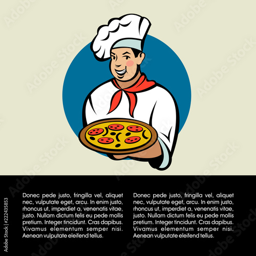 Italian chef. Pizza maker prepares a pizza. Vector logo.