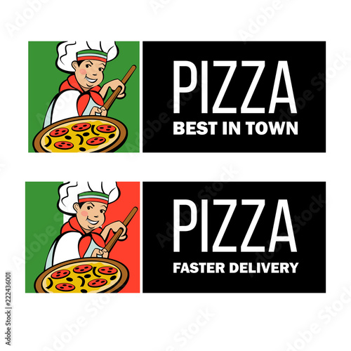 Italian chef. Pizza maker prepares a pizza. Vector logo.