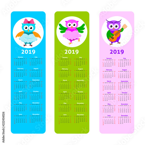 Cartoon owl calendar 2019. Kids bookmarks set with cute owl and calendar 2019