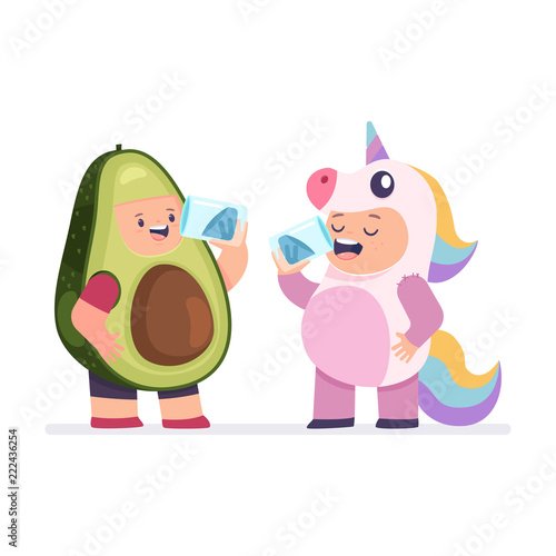 Girl in a unicorn costume and a boy in avocado clothes quench thirst. Children drink water from glass. Vector cartoon illustration isolated on white background.