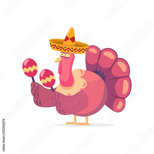 Thanksgiving turkey in a Mexican sombrero with maracas. Vector cartoon character of a funny bird isolated on white background.