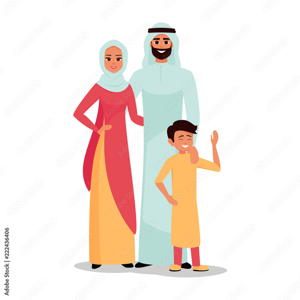 Vector cartoon Arab family characters set. Happy Saudi man and woman are  embracing. Father, mother and their child together. Moslem people in  traditional clothing vector illustration. Stock Vector | Adobe Stock