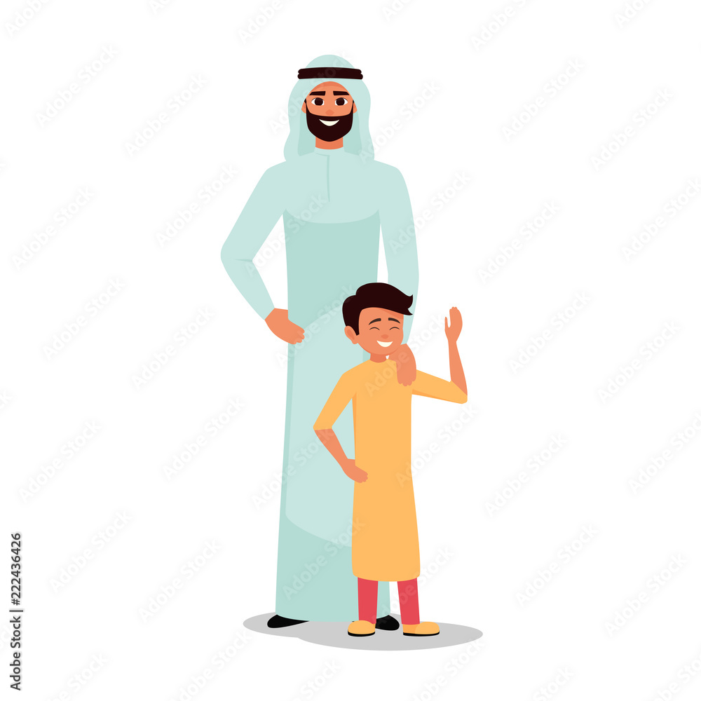 Happy Father's Day. Arabic family Dad with his son standing.the parent put his hand on his son's shoulder. Tenderness and care