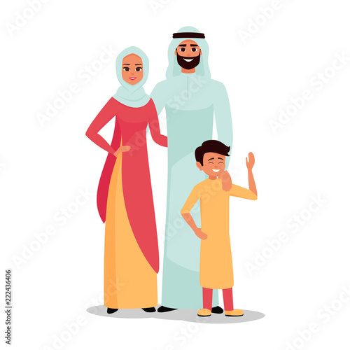Vector cartoon Arab family characters set. Happy Saudi man and woman are embracing. Father, mother and their child together. Moslem people in traditional clothing vector illustration.