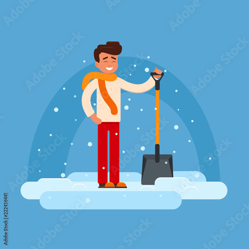 cartoon boy in overalls holding a shovel to start to clean snow vector illustration isolated on winter landscape on background