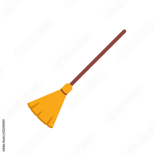 broom made from twigs on a long wooden handle. vector illustration. tool for cleaning isolated on white background. Witches broom stick. Halloween accessory object 
