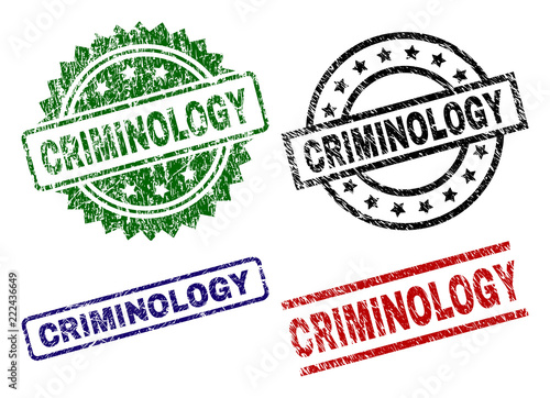 CRIMINOLOGY seal imprints with distress texture. Black, green,red,blue vector rubber prints of CRIMINOLOGY label with dirty texture. Rubber seals with circle, rectangle, medallion shapes.