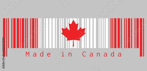 Barcode set the color of Canada flag,  a vertical triband of red and white with the red maple leaf with text: Made in Canada. concept of sale or business.