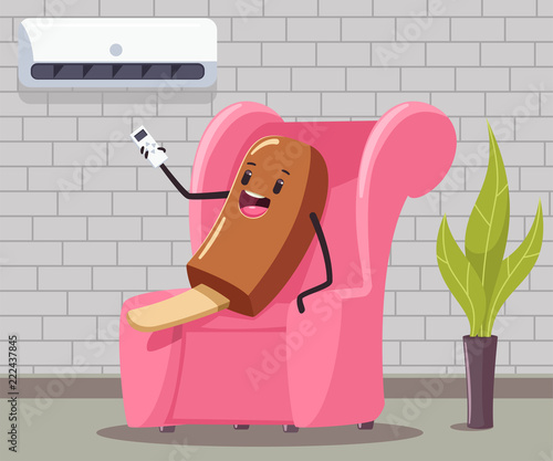 Funny ice cream with remote control of the air conditioner sits on the couch in the interior of the room. Vector cartoon concept illustration.