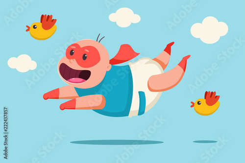 Cute baby in a superhero costume. Vector cartoon character of a child in a mask, a cape and a diaper flies against the sky with clouds and birds.