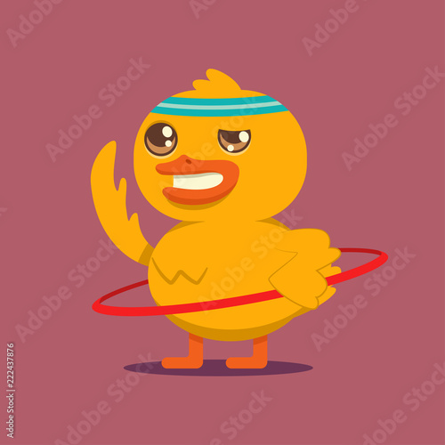 Cute baby duck doing exercises with hula hoop. Vector cartoon bird character isolated on background. Sport and fitness concept illustration.
