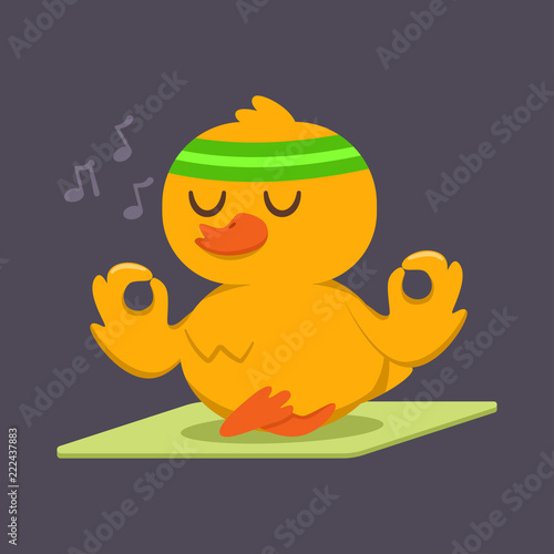 Cute baby duck doing yoga exercise. Funny vector cartoon bird character in lotus pose isolated on a background. Sport and fitness concept illustration.