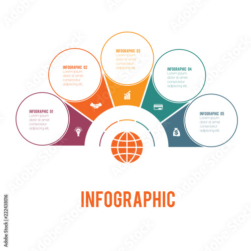 Colorful semicircle and circles.  Elements of Infographics Conceptual Cyclic Processes for 5 Positions Possible to Use for Workflow, Banner, Diagram, Web design, Timeline, Area chart,Number options.