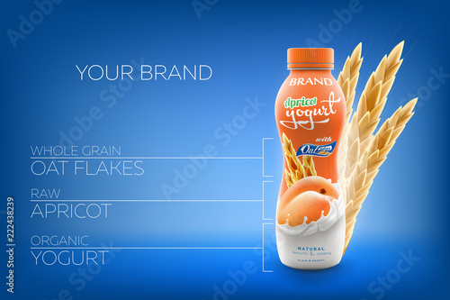 Vector ads of natural drinking yogurt with oats and raw apricot bottle branding ready commercial infographic flyer realistic illustration