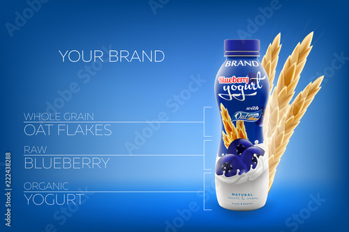 Vector ads of natural drinking yogurt with oats and raw blueberry bottle branding ready commercial infographic flyer realistic illustration