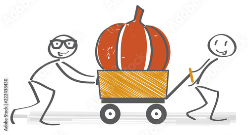 Herbst - Strichmännchen transportieren großen Kürbis. Erntedank