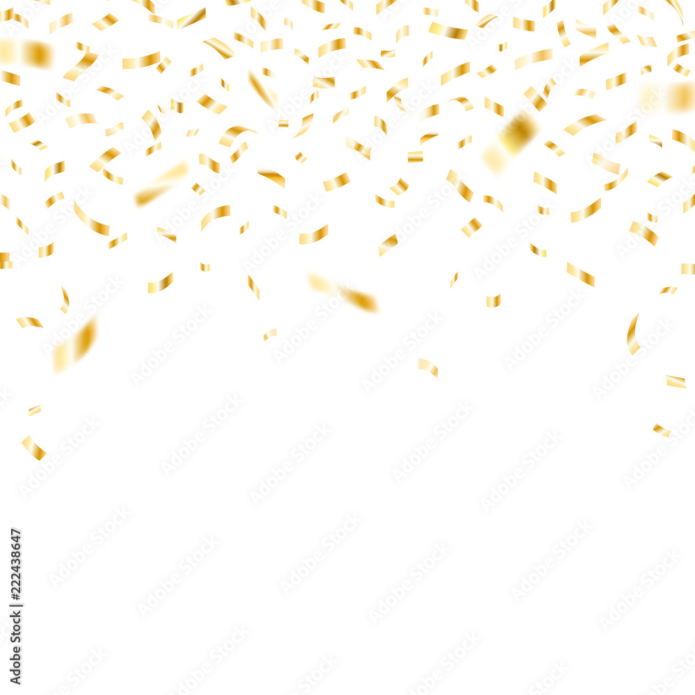 Festive shiny golden confetti vector background. Decorative gold party  popper ribbon confetti design element for birthday, Christmas and other  holidays greeting and invitation cards. Stock Vector | Adobe Stock