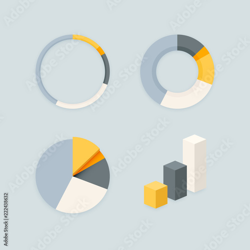 Stylish grey infographics stats chart diagram vector set. Ring, pie, donut and column graph blank infographics material flat design element templates for web and mobile apps