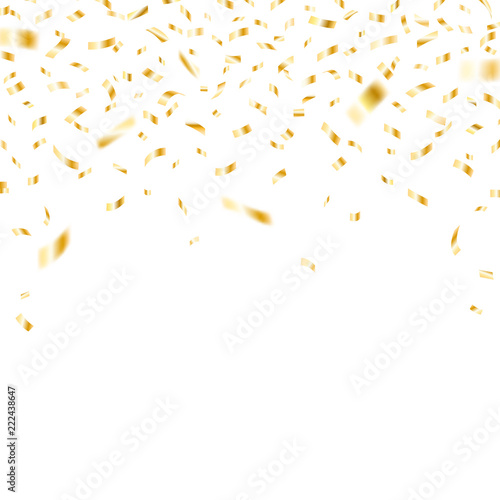Festive shiny golden confetti vector background. Decorative gold party popper ribbon confetti design element for birthday, Christmas and other holidays greeting and invitation cards.