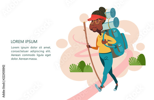 Older people lead an active lifestyle. Old people play sports. An elderly woman goes on a camping trip. Vector illustration.