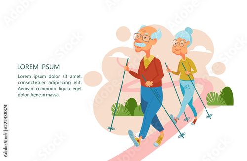 Older people lead an active lifestyle. Old people are engaged in Nordic walking. Vector illustration.