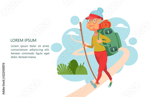 Older people lead an active lifestyle. Old people play sports. An elderly woman goes on a camping trip. Vector illustration.