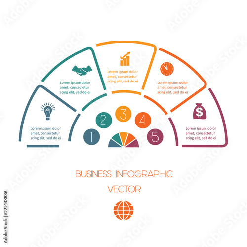 Infographic Semicircle template from colourful lines with text areas on five positions. Business infographic